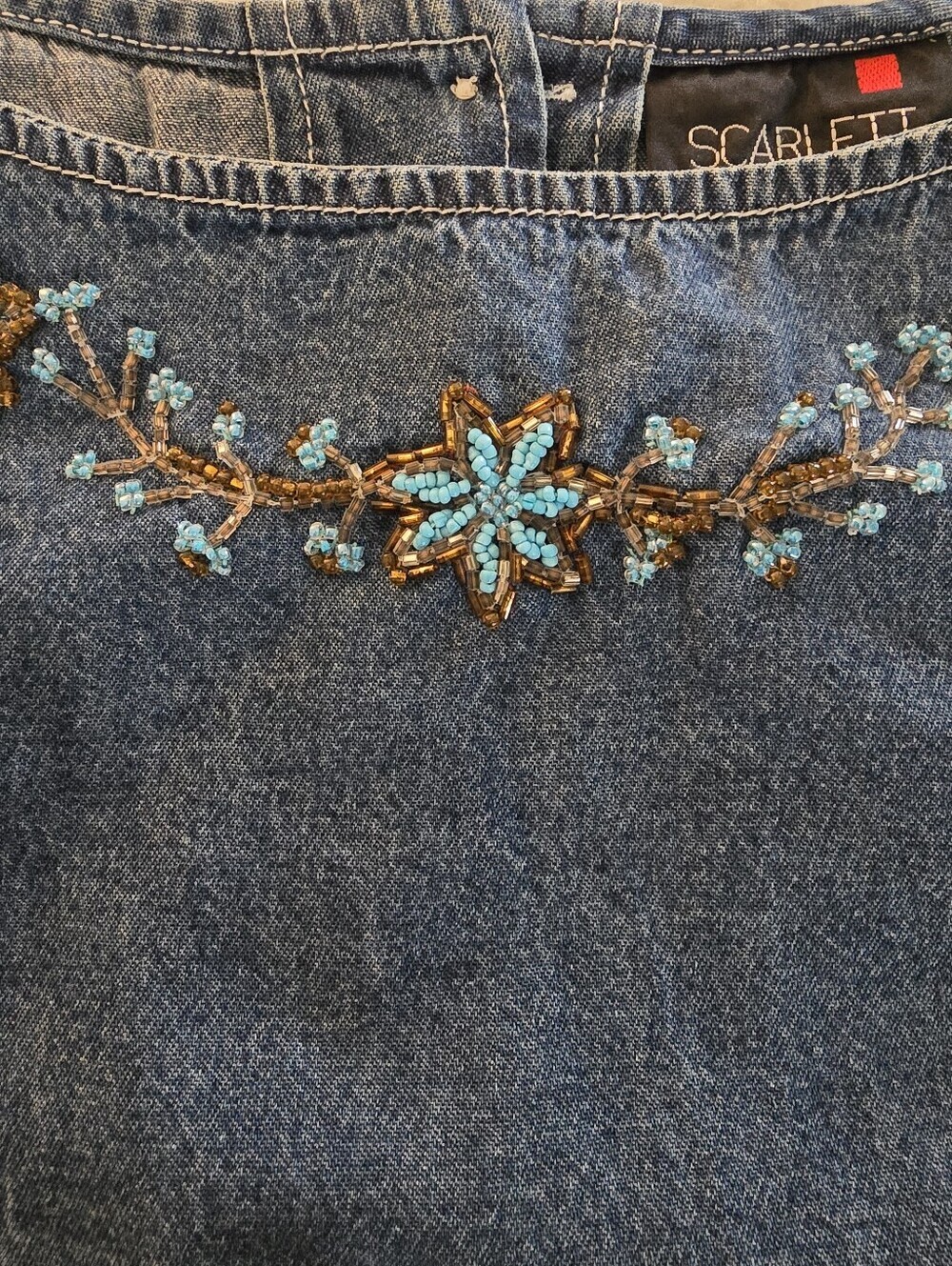 Vintage Scarlett Denim Sleeveless Top With Beaded Turquoise Floral Accents - Picture 4 of 8
